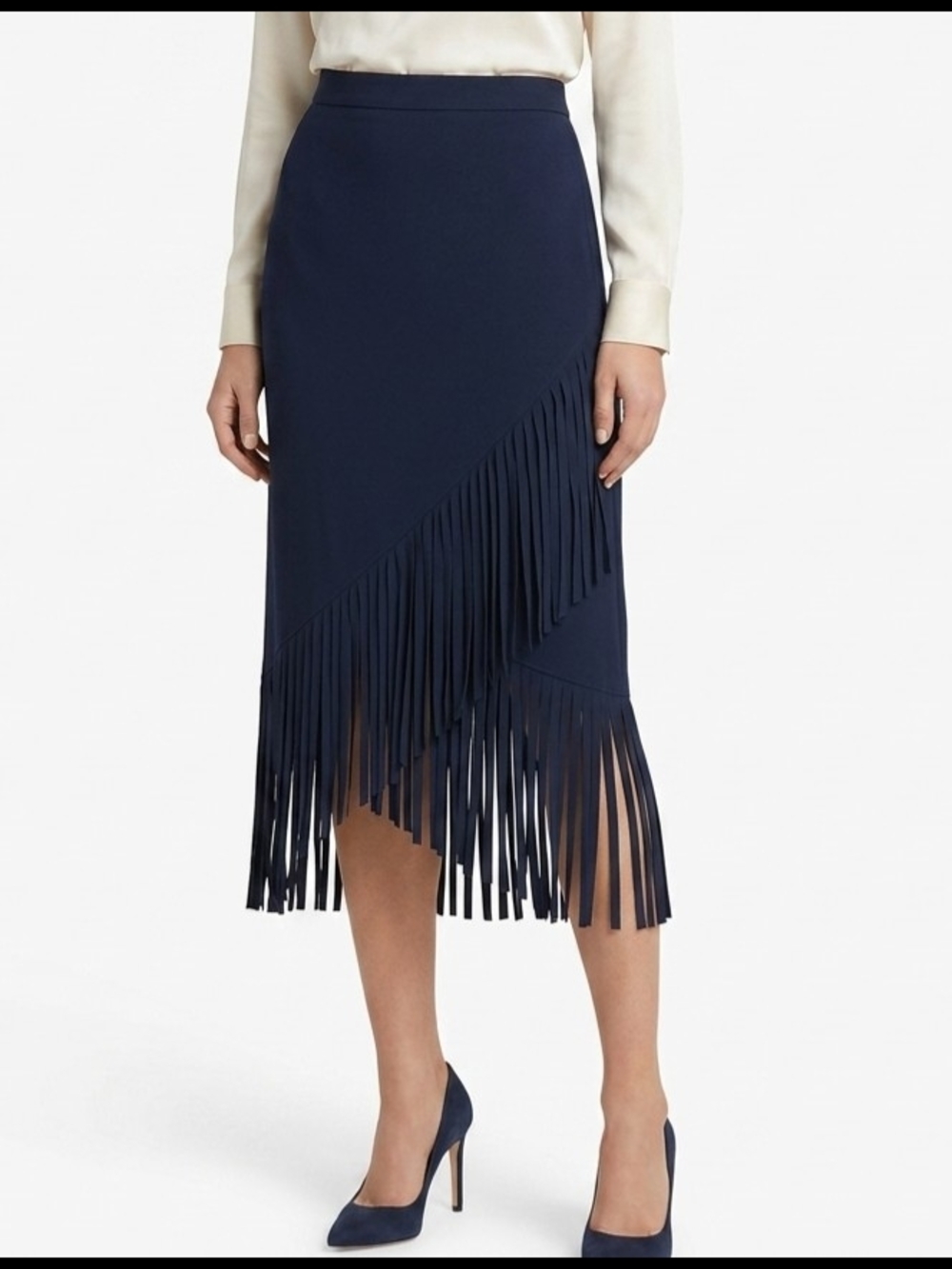 Chico's Navy Blue Faux-Wrap Fringe Skirt – Size 0 (XS/S)
